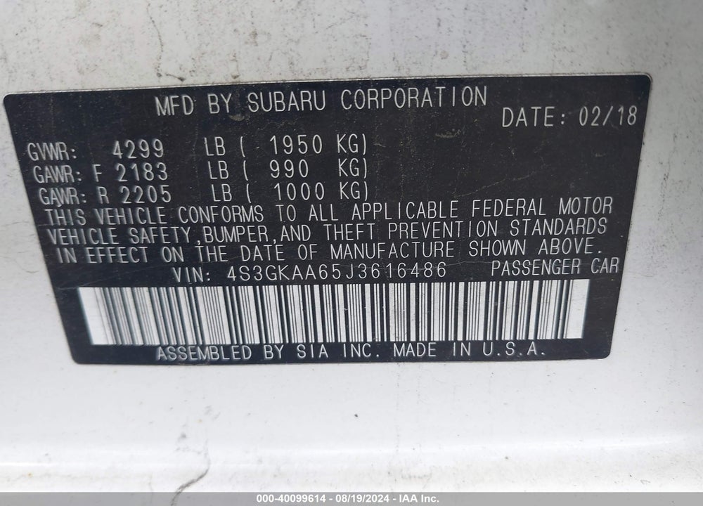 2018 SUBARU IMPREZA 2.0I VIN: 4S3GKAA65J3616486