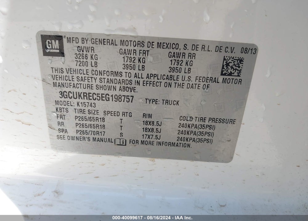 2014 CHEVROLET SILVERADO 1500 1LT VIN: 3GCUKREC5EG198757