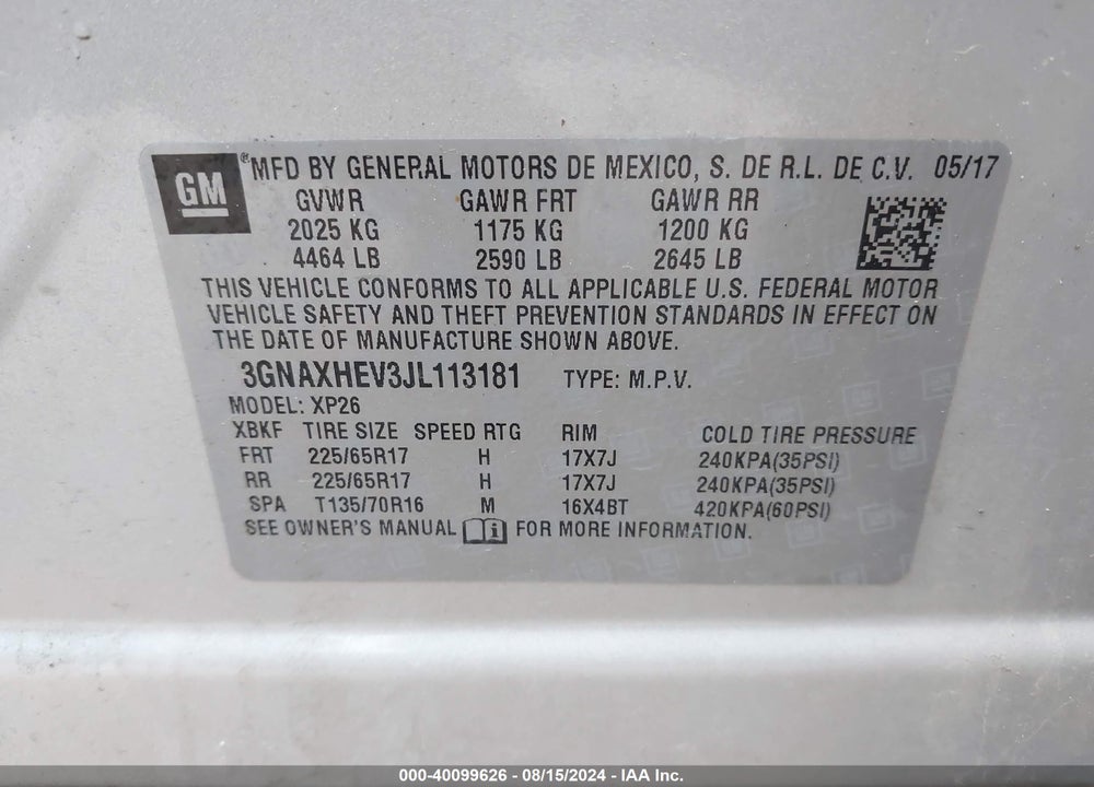 2018 CHEVROLET EQUINOX LS VIN: 3GNAXHEV3JL113181