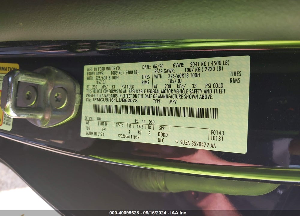 2020 FORD ESCAPE SEL VIN: 1FMCU9H61LUB62078