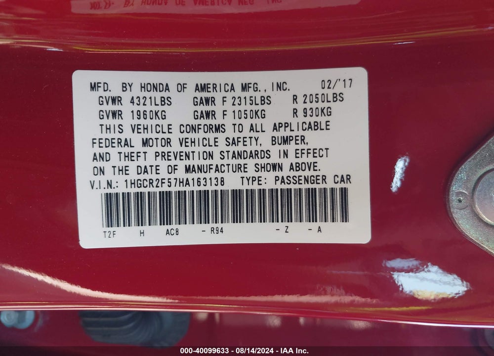 2017 HONDA ACCORD SPORT VIN: 1HGCR2F57HA163138