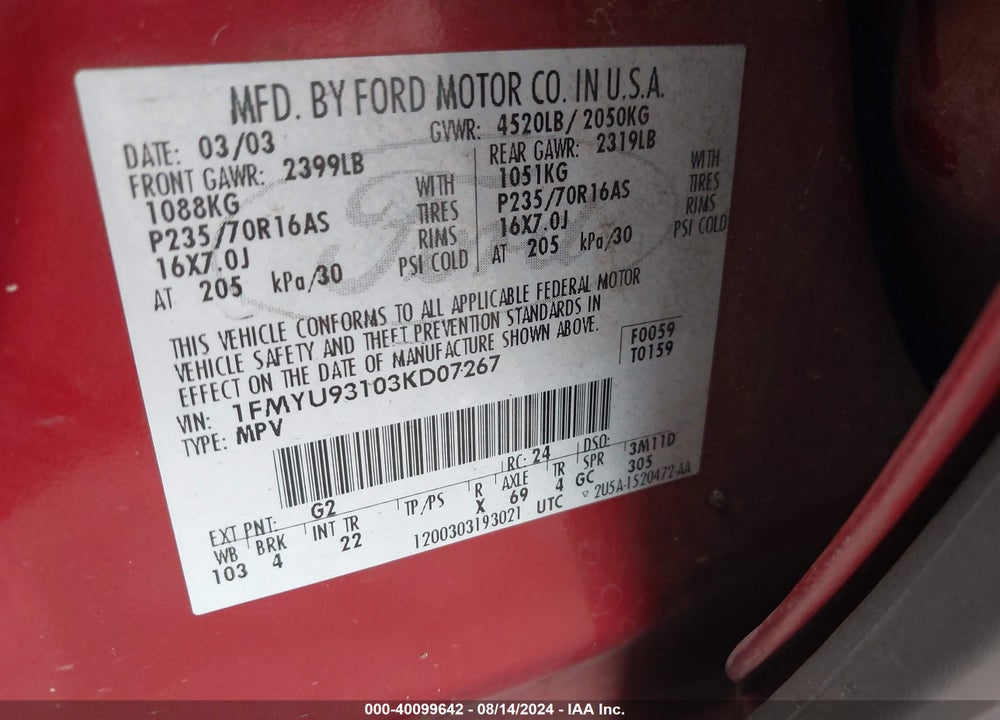 2003 FORD ESCAPE XLT VIN: 1FMYU93103KD07267