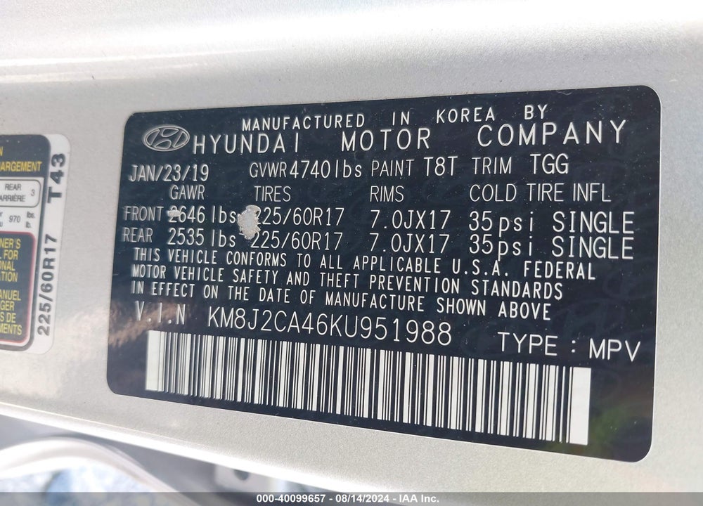 2019 HYUNDAI TUCSON SE VIN: KM8J2CA46KU951988
