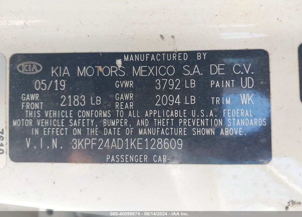 2019 KIA FORTE LXS VIN: 3KPF24AD1KE128609