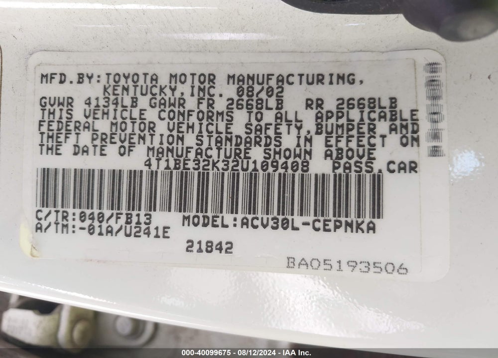 2002 TOYOTA CAMRY LE VIN: 4T1BE32K32U109408