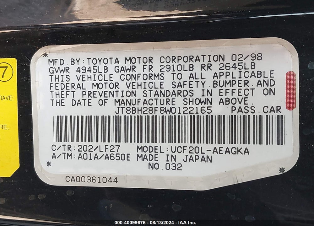 1998 LEXUS LS 400 VIN: JT8BH28F8W0122165