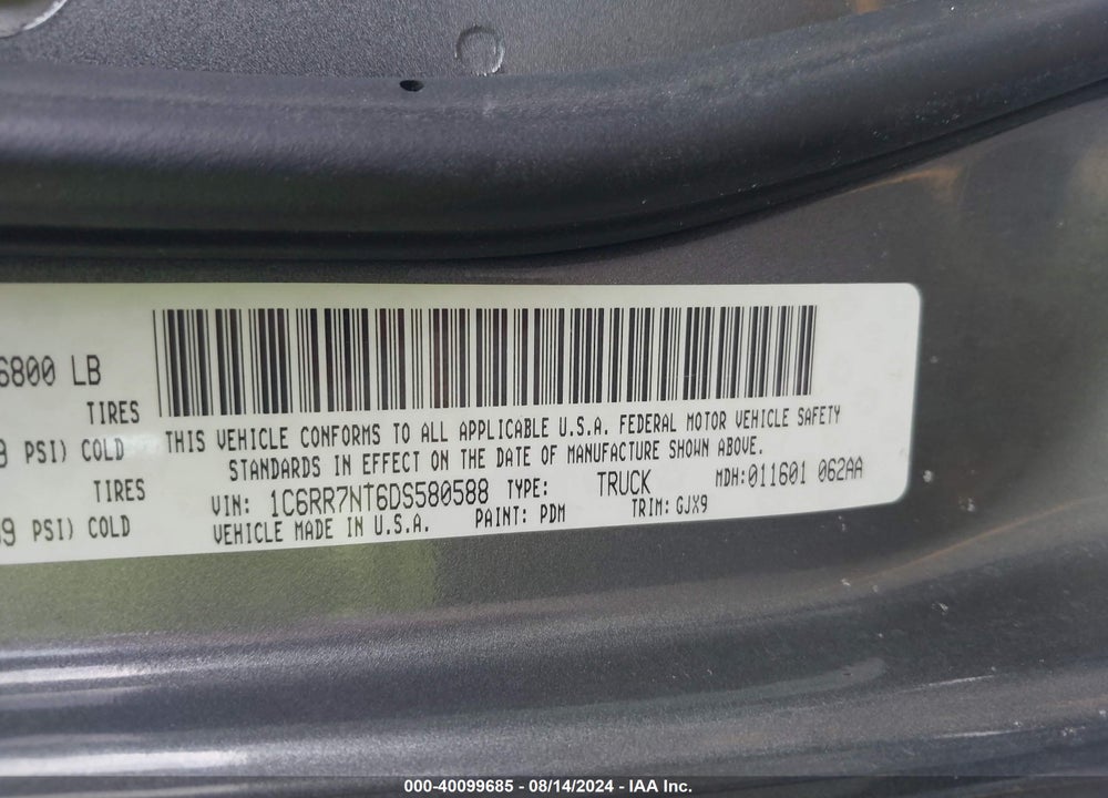 2013 RAM 1500 LAIE VIN: 1C6RR7NT6DS580588
