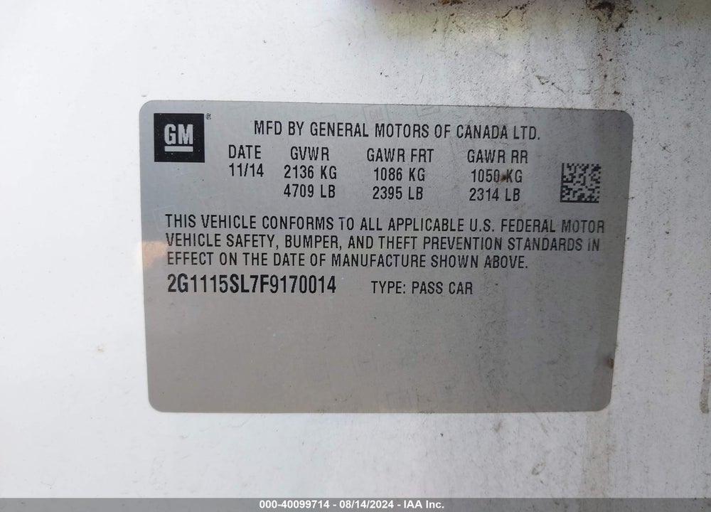 2015 CHEVROLET IMPALA 1LT VIN: 2G1115SL7F9170014