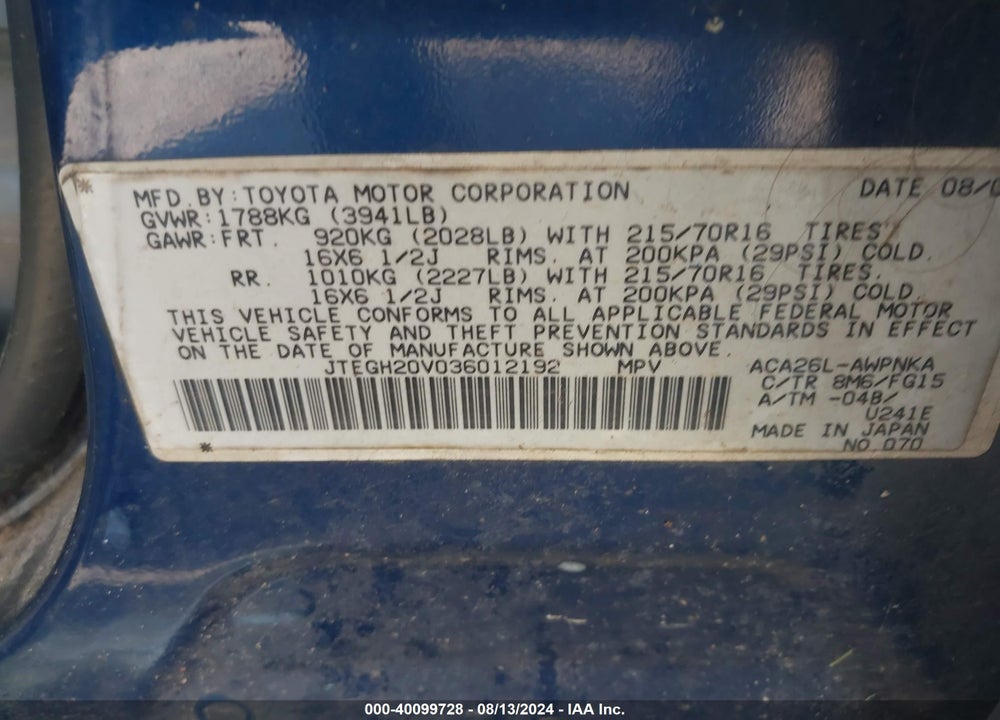 2003 TOYOTA RAV4 VIN: JTEGH20V036012192