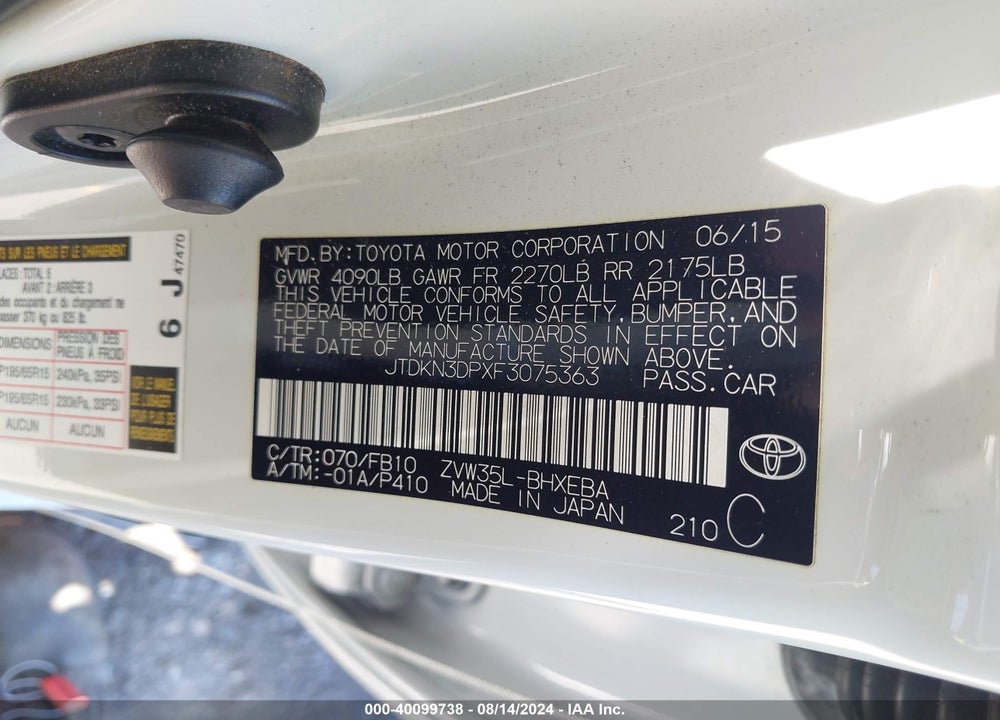 2015 TOYOTA PRIUS PLUG-IN VIN: JTDKN3DPXF3075363