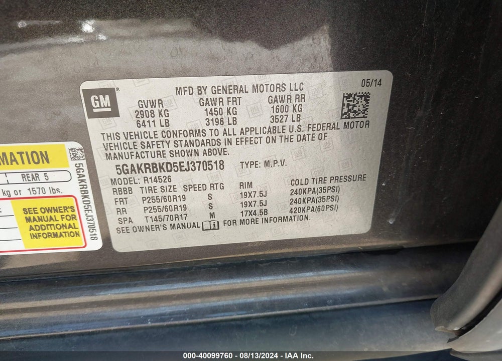 2014 BUICK ENCLAVE VIN: 5GAKRBKD5EJ370518