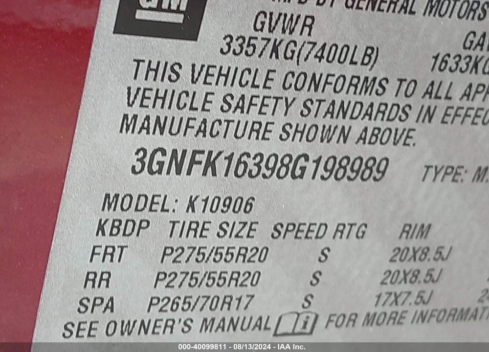 2008 CHEVROLET SUBURBAN 1500 LTZ VIN: 3GNFK16398G198989
