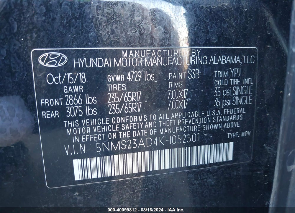 2019 HYUNDAI SANTA FE SE VIN: 5NMS23AD4KH052501