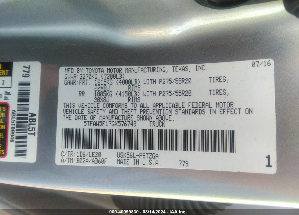 2016 TOYOTA TUNDRA PLATINUM 5.7L V8 VIN: 5TFAW5F17GX576749