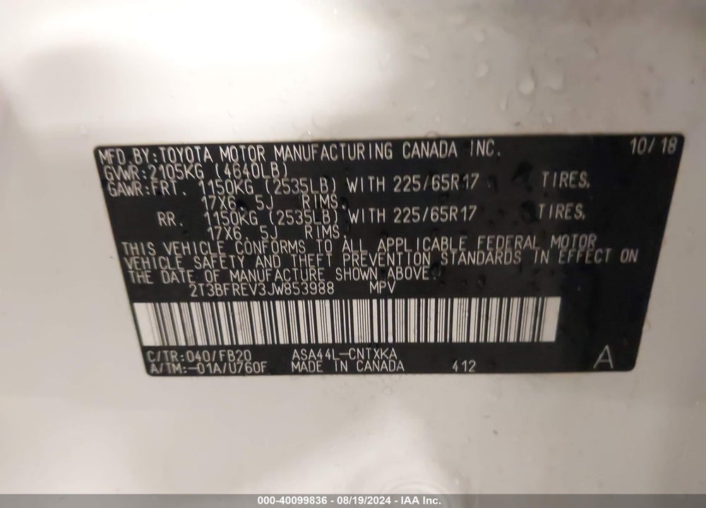 2018 TOYOTA RAV4 LE VIN: 2T3BFREV3JW853988