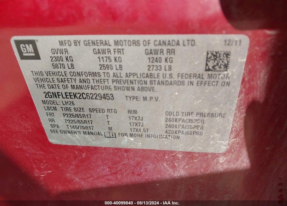 2012 CHEVROLET EQUINOX 1LT VIN: 2GNFLEEK2C6229453