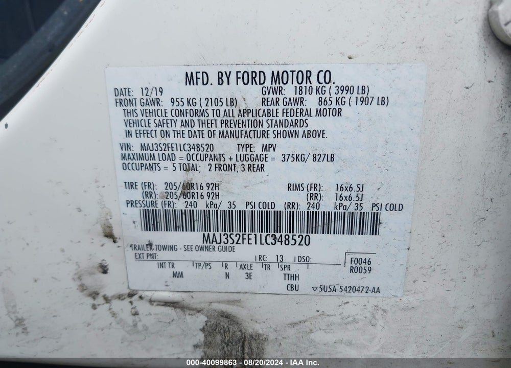 2020 FORD ECOSPORT S VIN: MAJ3S2FE1LC348520