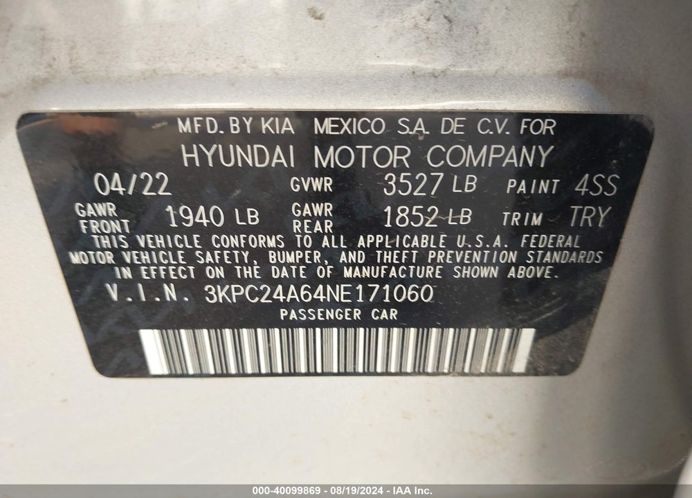 2022 HYUNDAI ACCENT VIN: 3KPC24A64NE171060