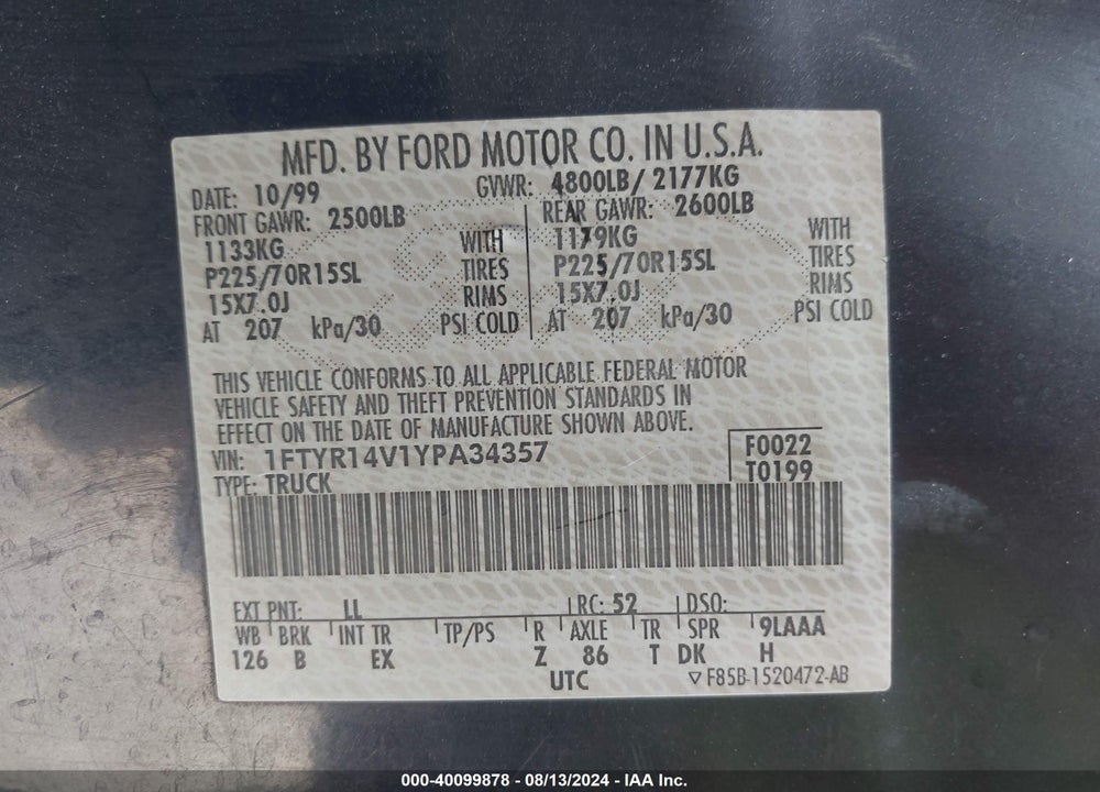 2000 FORD RANGER XL/XLT VIN: 1FTYR14V1YPA34357