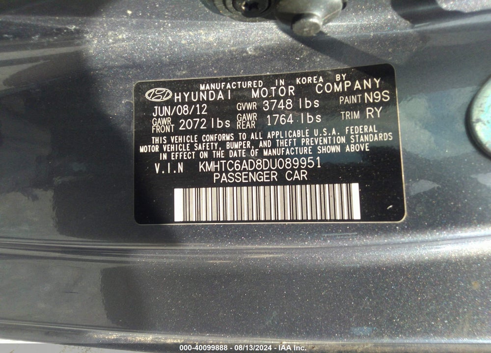 2013 HYUNDAI VELOSTER BASE W/BLACK VIN: KMHTC6AD8DU089951