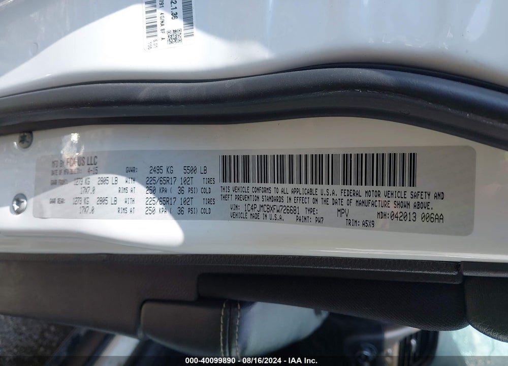 2015 JEEP CHEROKEE LATITUDE VIN: 1C4PJMCBXFW726681