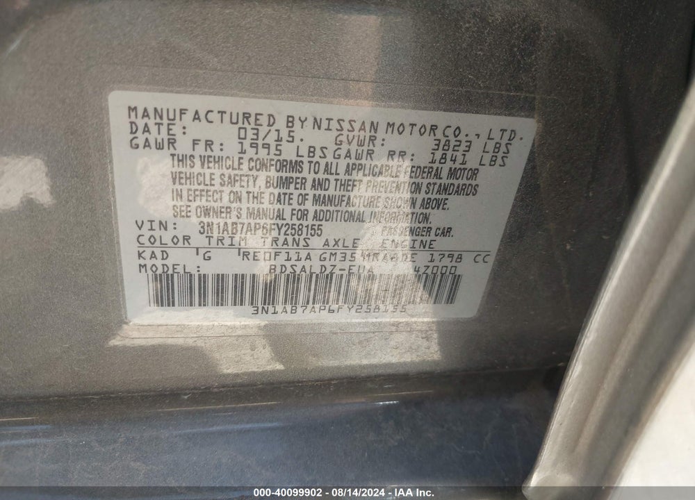 2015 NISSAN SENTRA SV VIN: 3N1AB7AP6FY258155