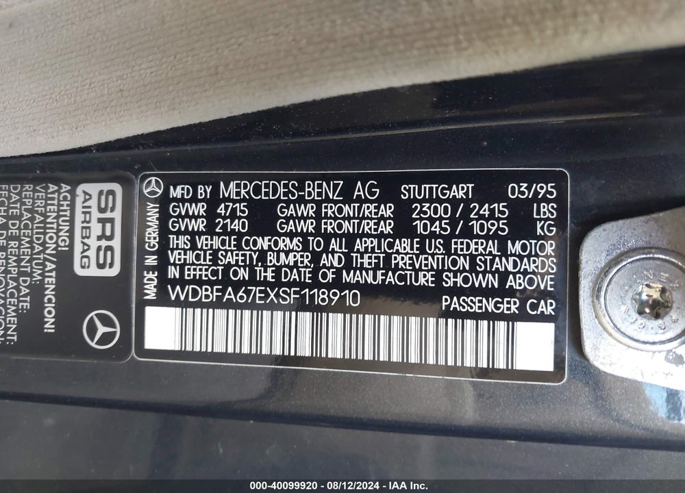 1995 MERCEDES-BENZ SL 500 VIN: WDBFA67EXSF118910