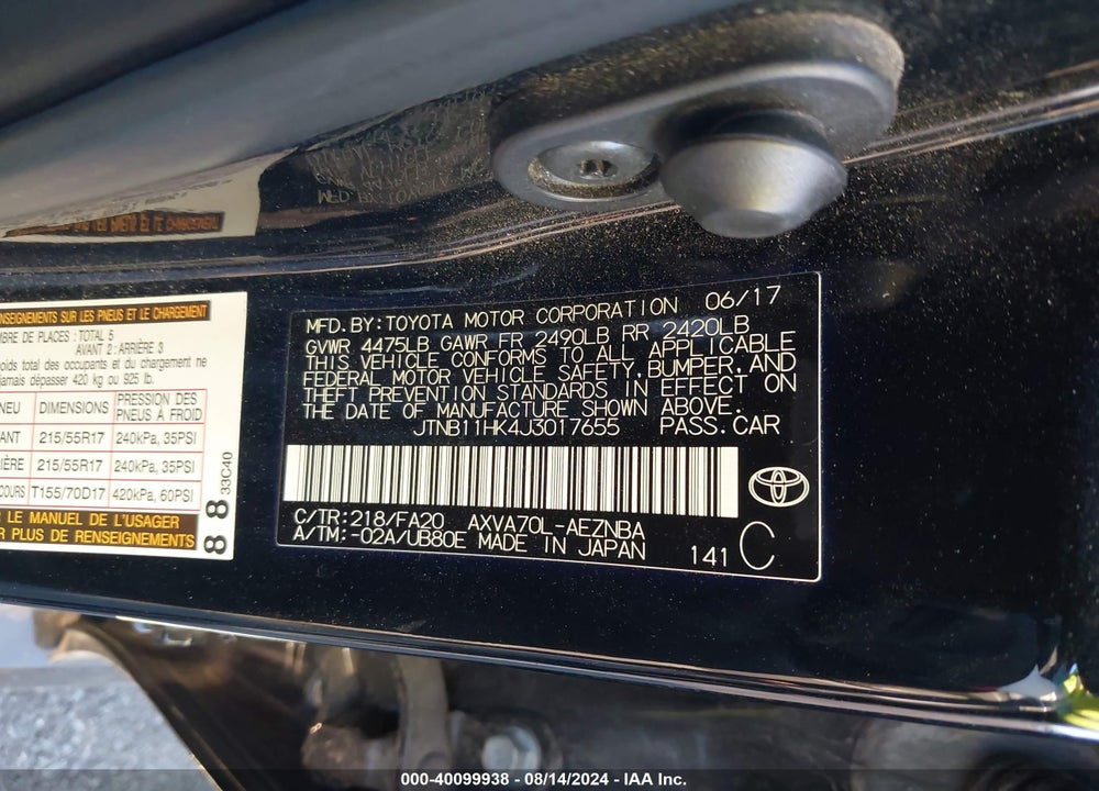 2018 TOYOTA CAMRY LE VIN: JTNB11HK4J3017655