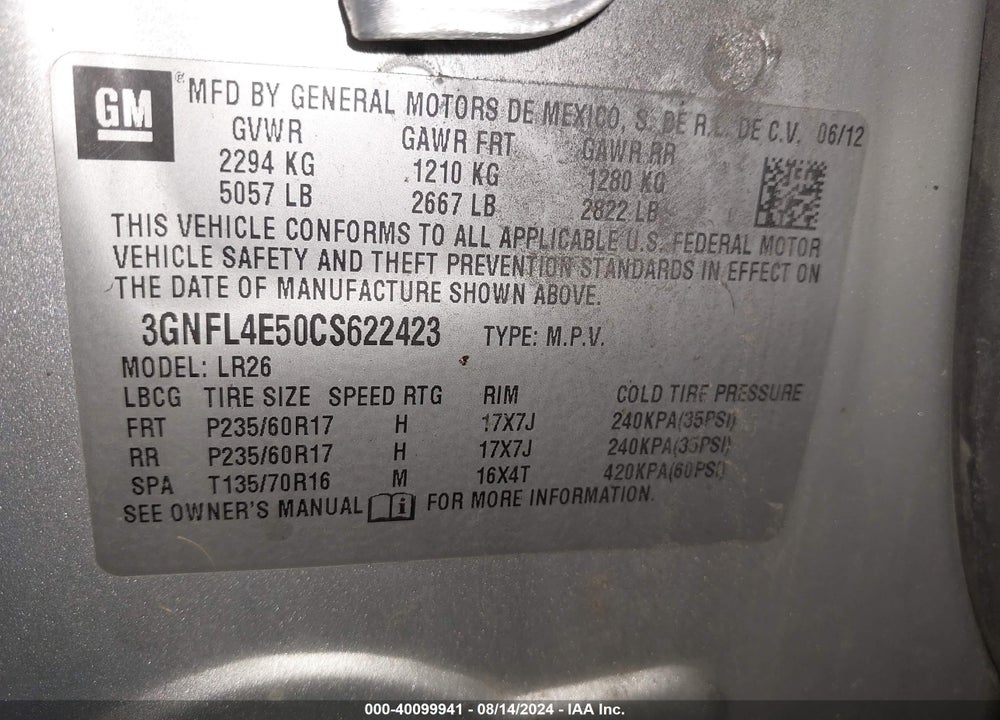 2012 CHEVROLET CAPTIVA SPORT LTZ VIN: 3GNFL4E50CS622423