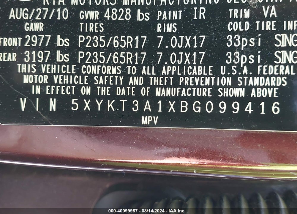 2011 KIA SORENTO LX VIN: 5XYKT3A1XBG099416