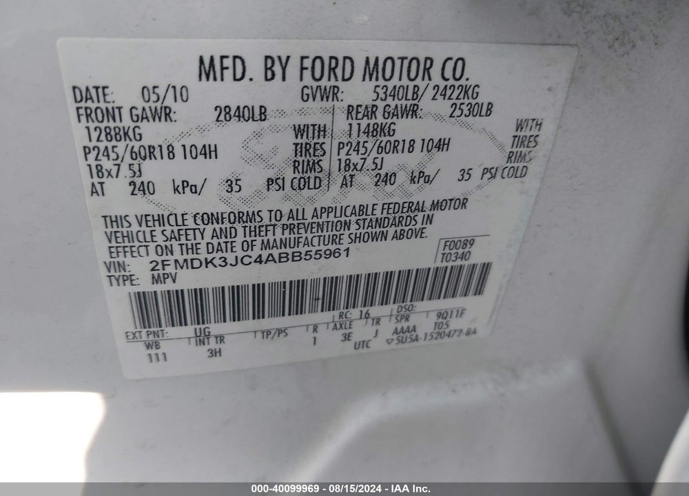 2010 FORD EDGE SEL VIN: 2FMDK3JC4ABB55961