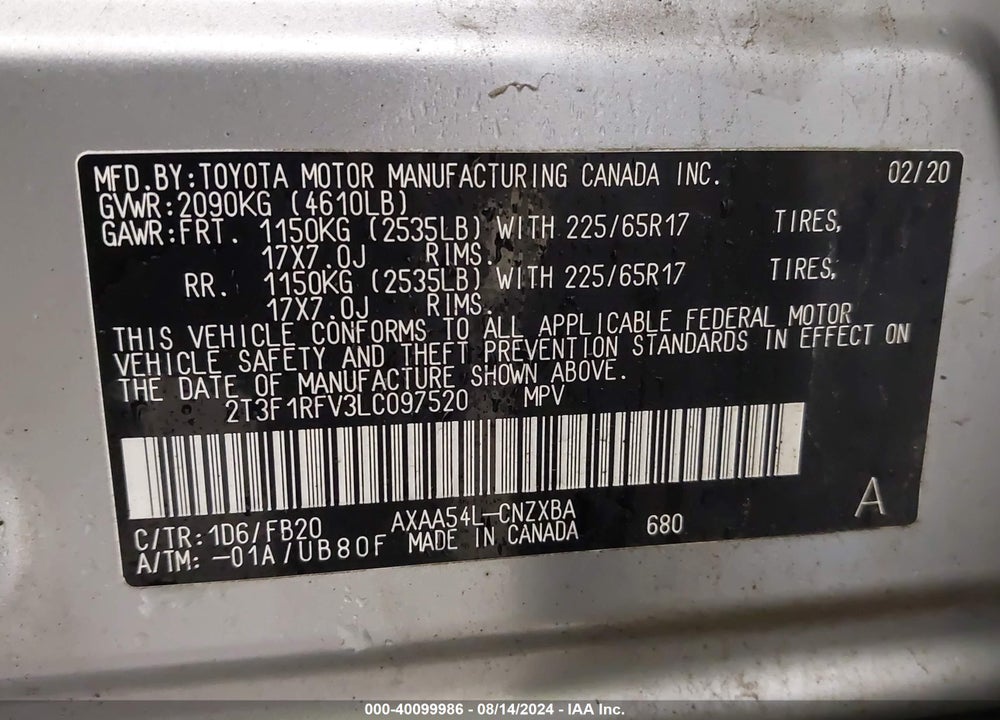 2020 TOYOTA RAV4 LE VIN: 2T3F1RFV3LC097520