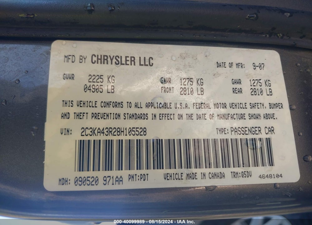 2008 CHRYSLER 300 LX VIN: 2C3KA43R28H105528