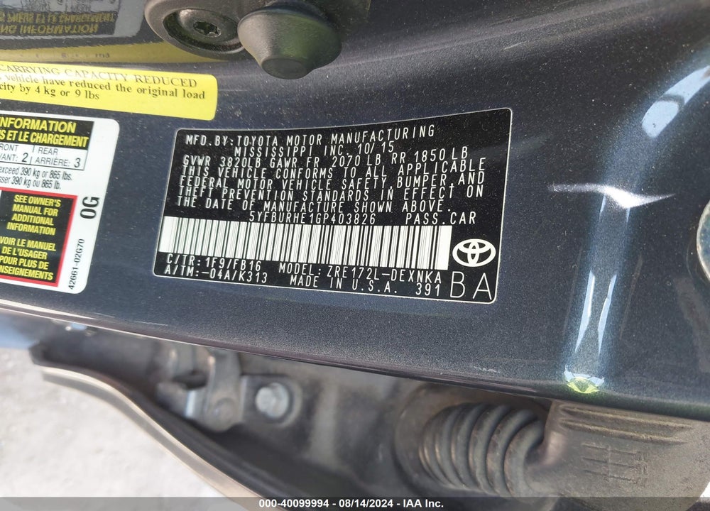 2016 TOYOTA COROLLA LE VIN: 5YFBURHE1GP403826