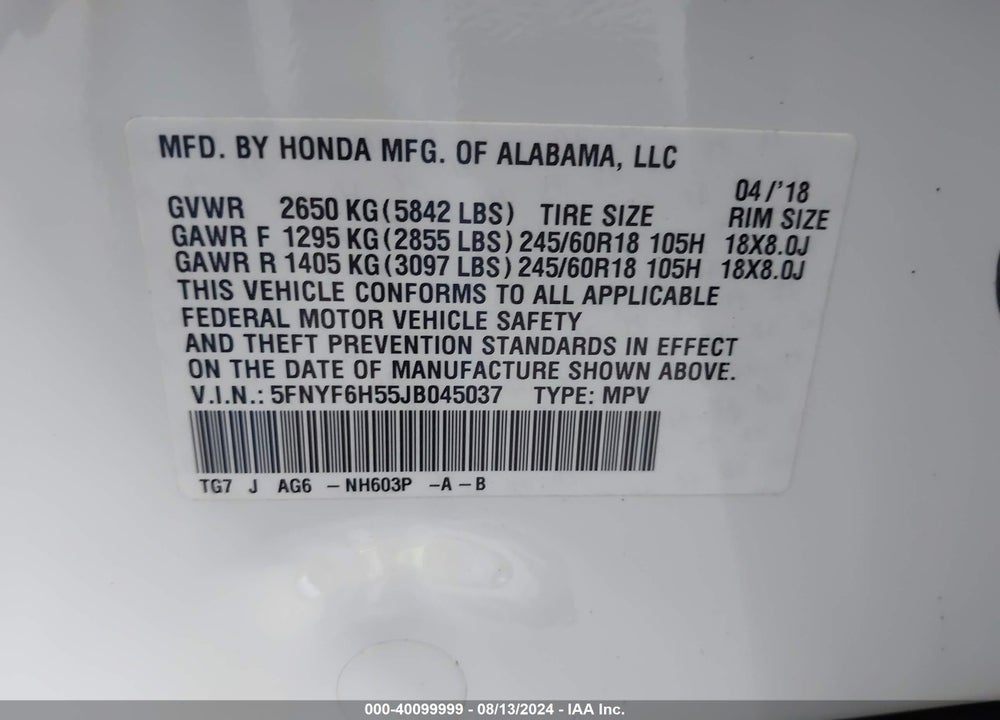 2018 HONDA PILOT EX-L VIN: 5FNYF6H55JB045037