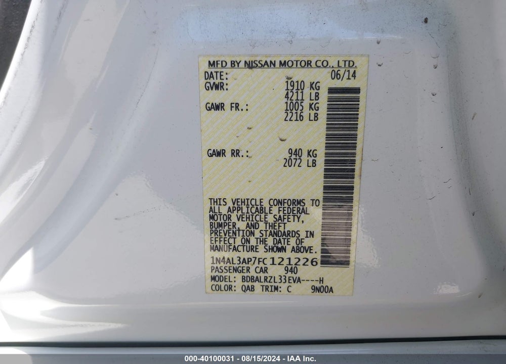2015 NISSAN ALTIMA 2.5 SL VIN: 1N4AL3AP7FC121226