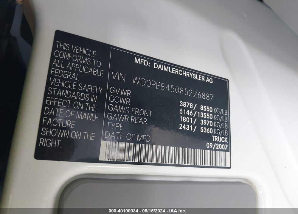 2008 DODGE SPRINTER 2500 VIN: WD0PE845085226887