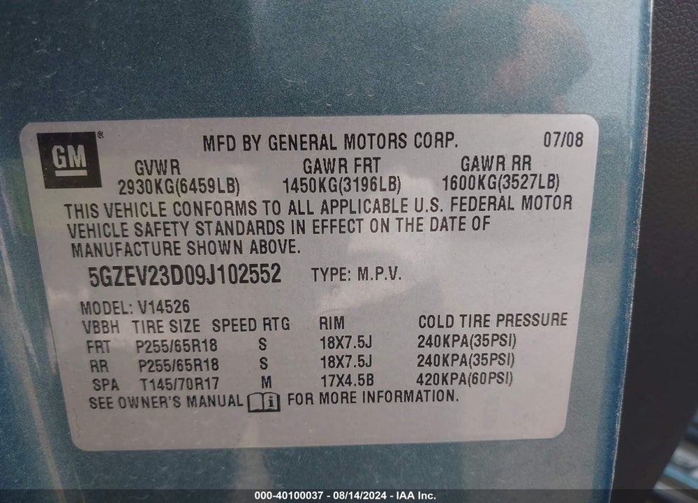 2009 SATURN OUTLOOK XR VIN: 5GZEV23D09J102552
