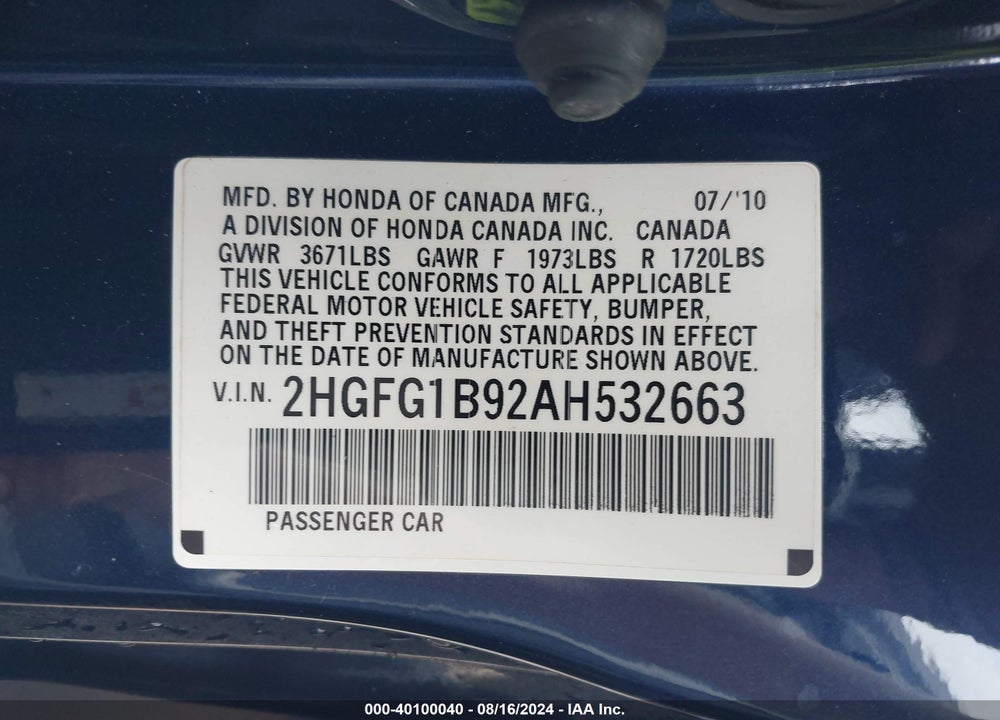 2010 HONDA CIVIC EX-L VIN: 2HGFG1B92AH532663