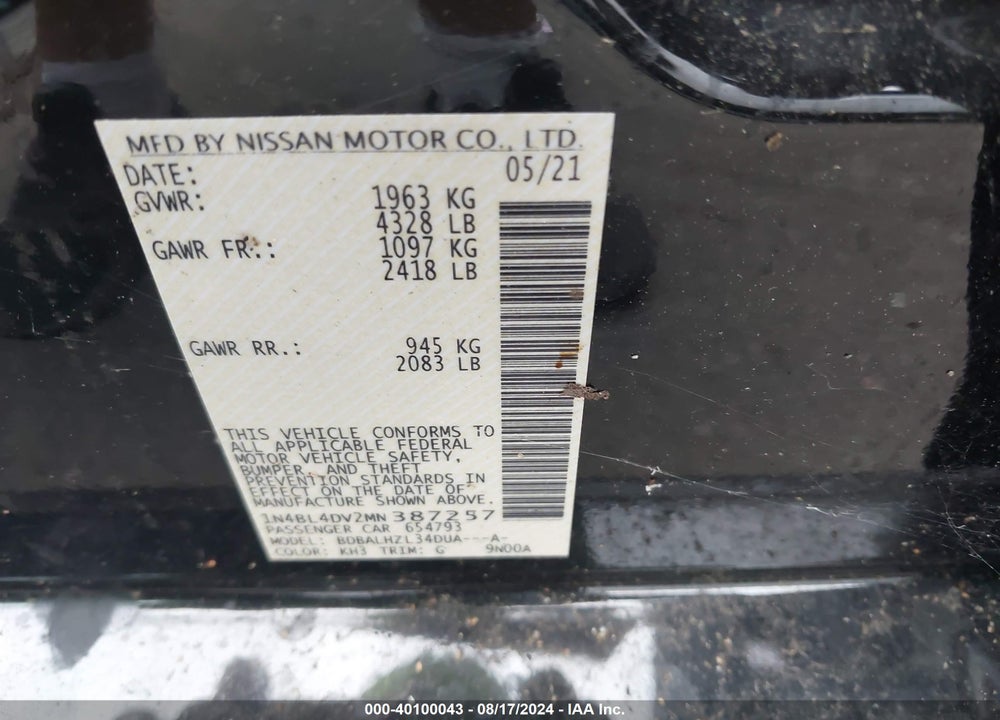 2021 NISSAN ALTIMA SV FWD VIN: 1N4BL4DV2MN387257