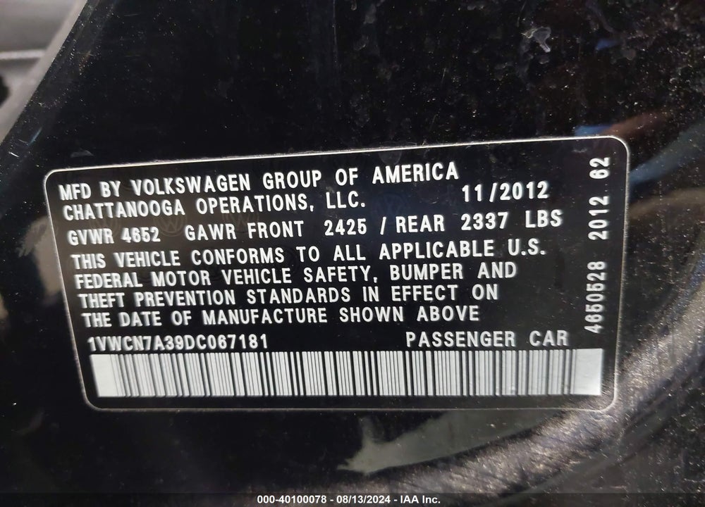 2013 VOLKSWAGEN PASSAT 2.0L TDI SEL PREMIUM VIN: 1VWCN7A39DC067181