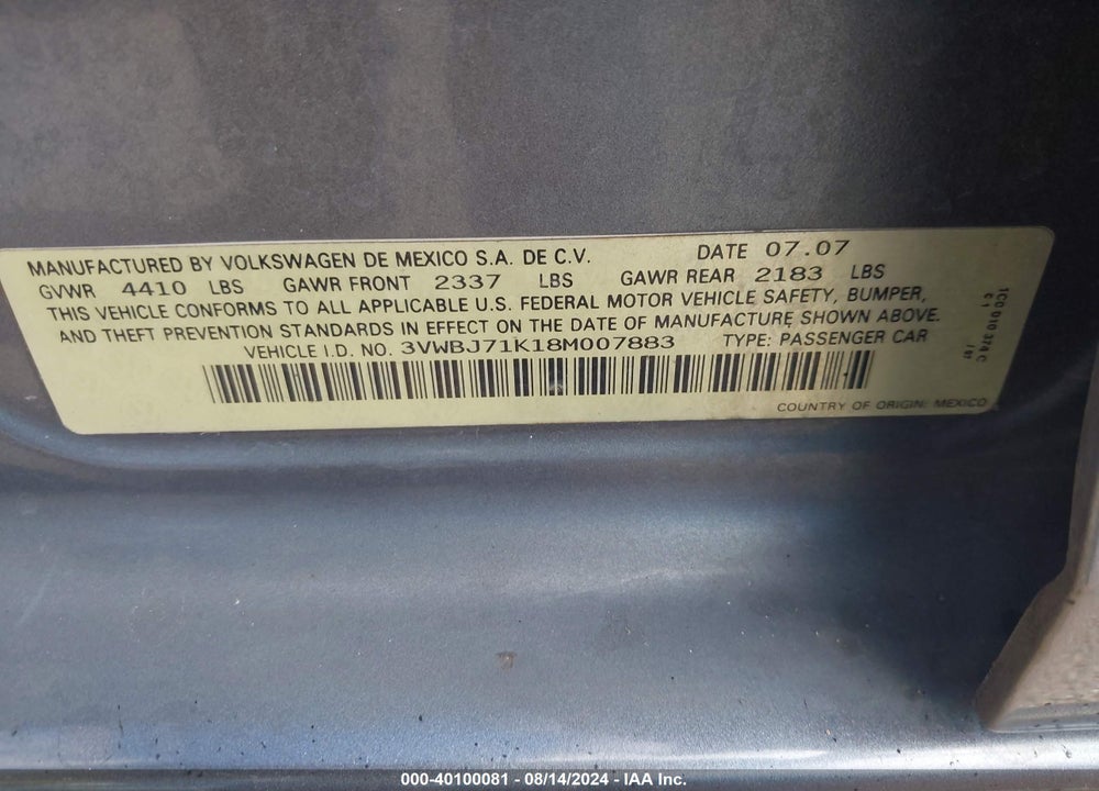2008 VOLKSWAGEN GLI VIN: 3VWBJ71K18M007883