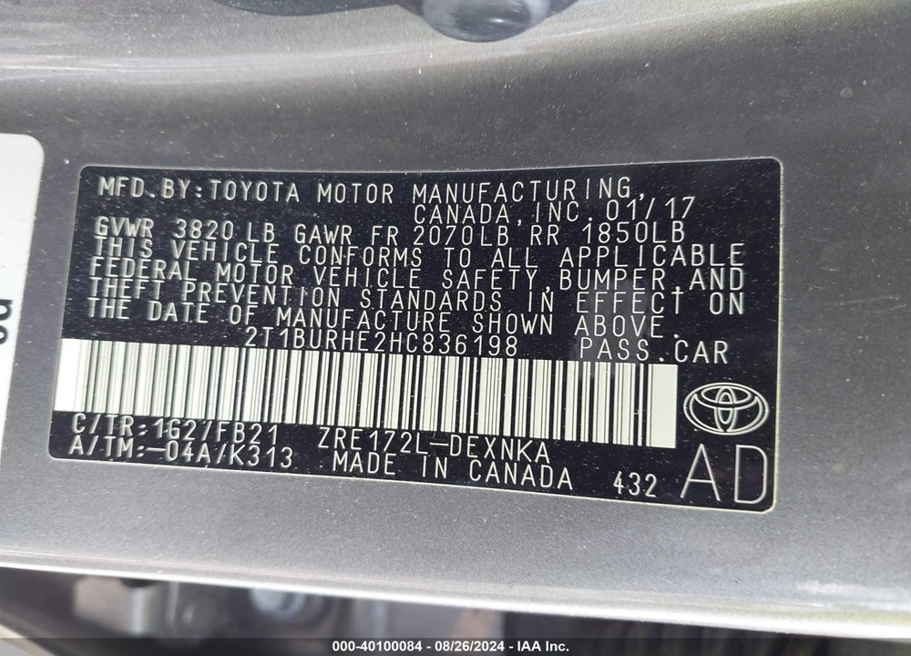 2017 TOYOTA COROLLA LE VIN: 2T1BURHE2HC836198