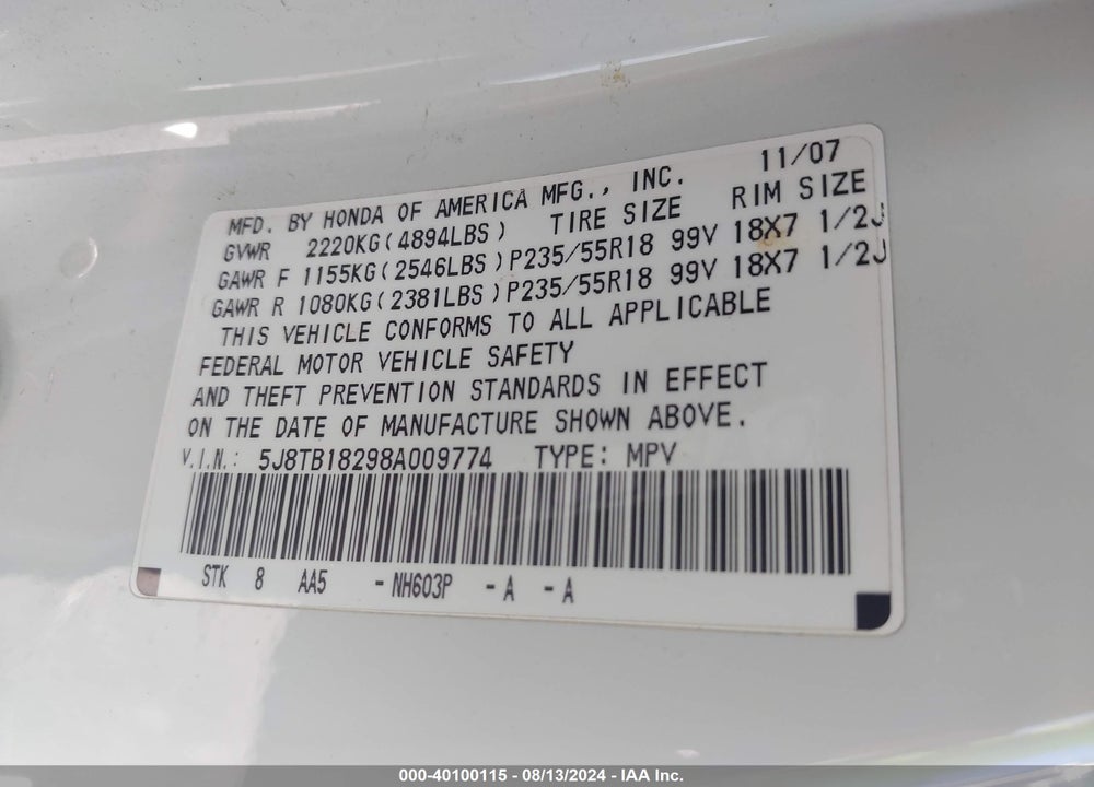 2008 ACURA RDX VIN: 5J8TB18298A009774