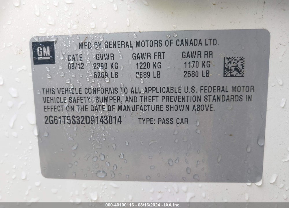2013 CADILLAC XTS PREMIUM VIN: 2G61T5S32D9143014