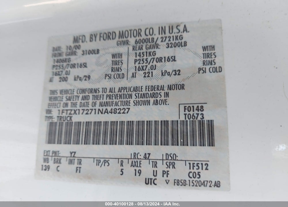 2001 FORD F-150 XL/XLT VIN: 1FTZX17271NA48227