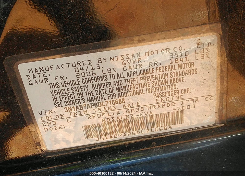 2013 NISSAN SENTRA SR VIN: 3N1AB7AP6DL716688