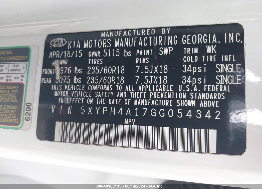 2016 KIA SORENTO 2.0T EX VIN: 5XYPH4A17GG054342
