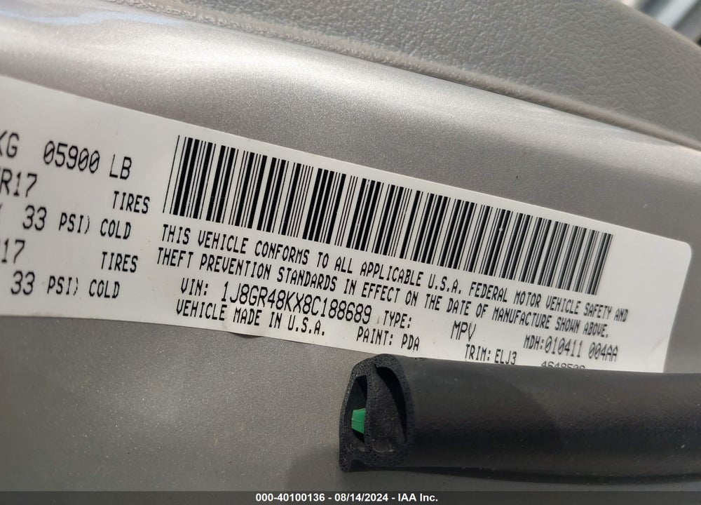 2008 JEEP GRAND CHEROKEE LAREDO VIN: 1J8GR48KX8C188689