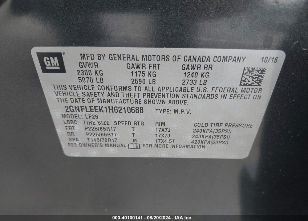2017 CHEVROLET EQUINOX LS VIN: 2GNFLEEK1H6210688